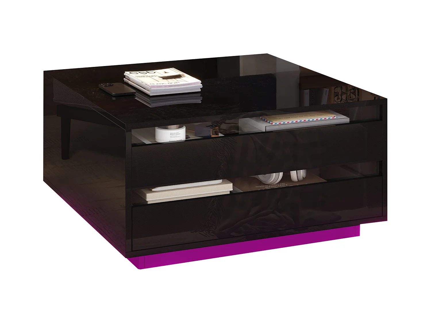 Regulowany stolik kawowy 70×70×38 cm - z taśmą LED - z 1 szufladą i drzwi - czarny