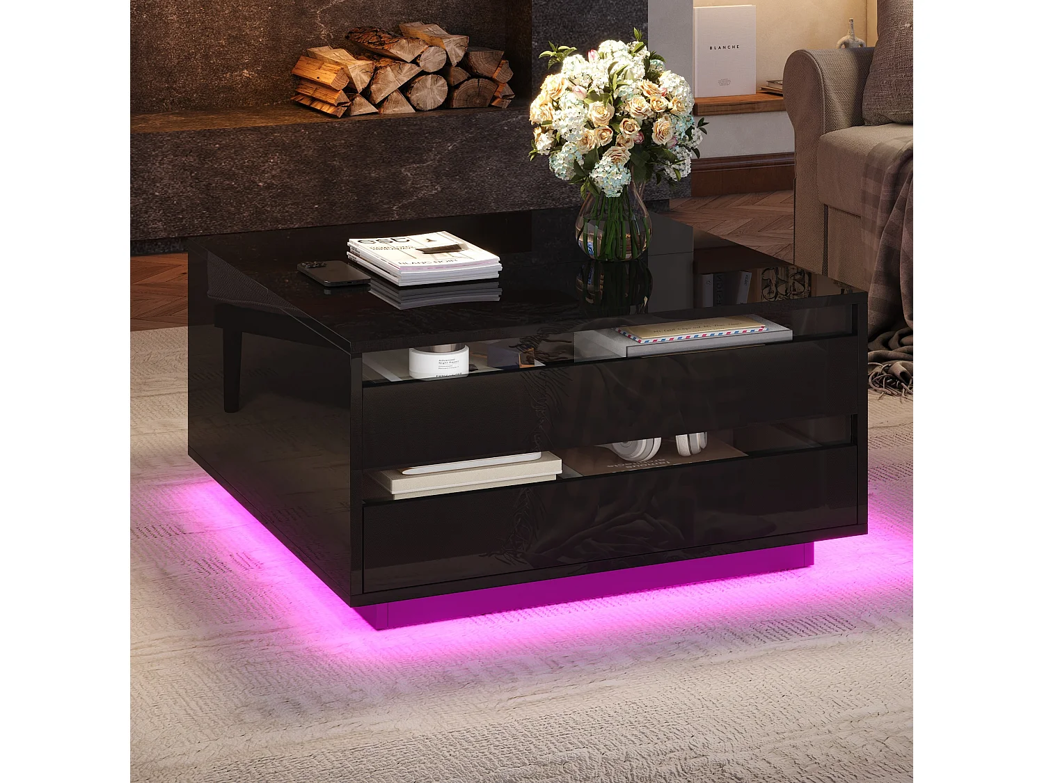 Höhenverstellbarer Couchtisch 70×70×38 cm - mit LED-Leiste - mit 1 Schublade und Klapptür - schwarz
