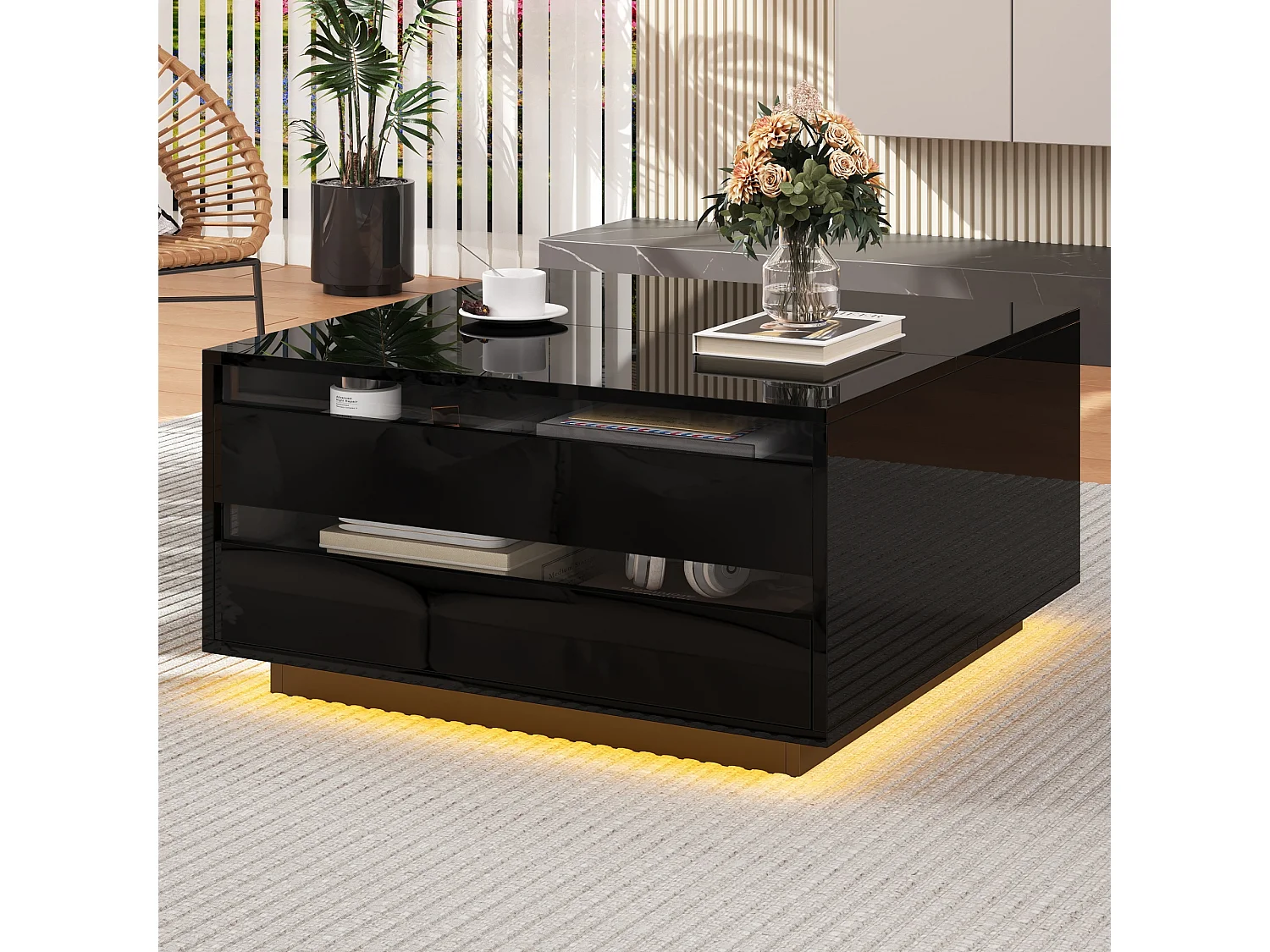 Höhenverstellbarer Couchtisch 70×70×38 cm - mit LED-Leiste - mit 1 Schublade und Klapptür - schwarz