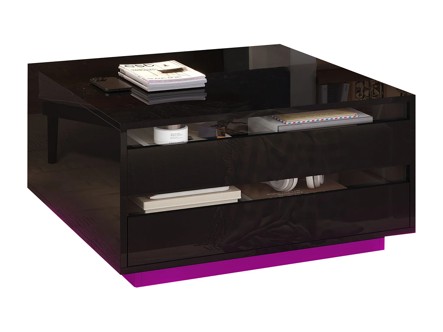 Höhenverstellbarer Couchtisch 70×70×38 cm - mit LED-Leiste - mit 1 Schublade und Klapptür - schwarz