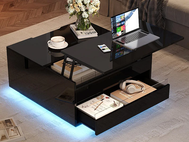 Verstelbare salontafel 70×70×38 cm - met LED-strip - met 1 la en klepdeur - zwart