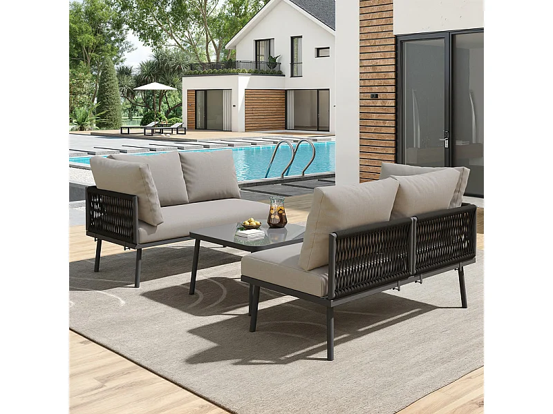 Salon de jardin en fer - 1 Table basse en verre et 2 canapés - pieds réglables - avec coussins - Gris