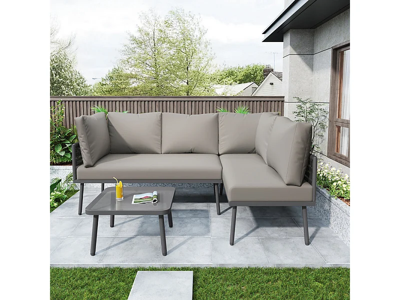 Salon de jardin en fer - 1 Table basse en verre et 2 canapés - pieds réglables - avec coussins - Gris