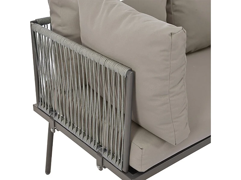 Salon de jardin en fer - 1 Table basse en verre et 2 canapés - pieds réglables - avec coussins - Gris