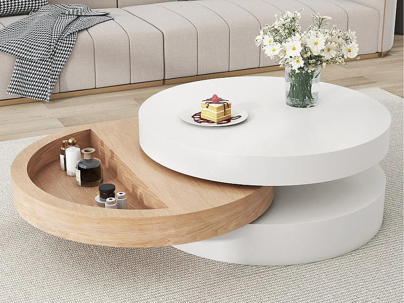 Cilindrische salontafel 60×60×35 cm - 360° draaibaar - drielagige structuur - wit + naturel