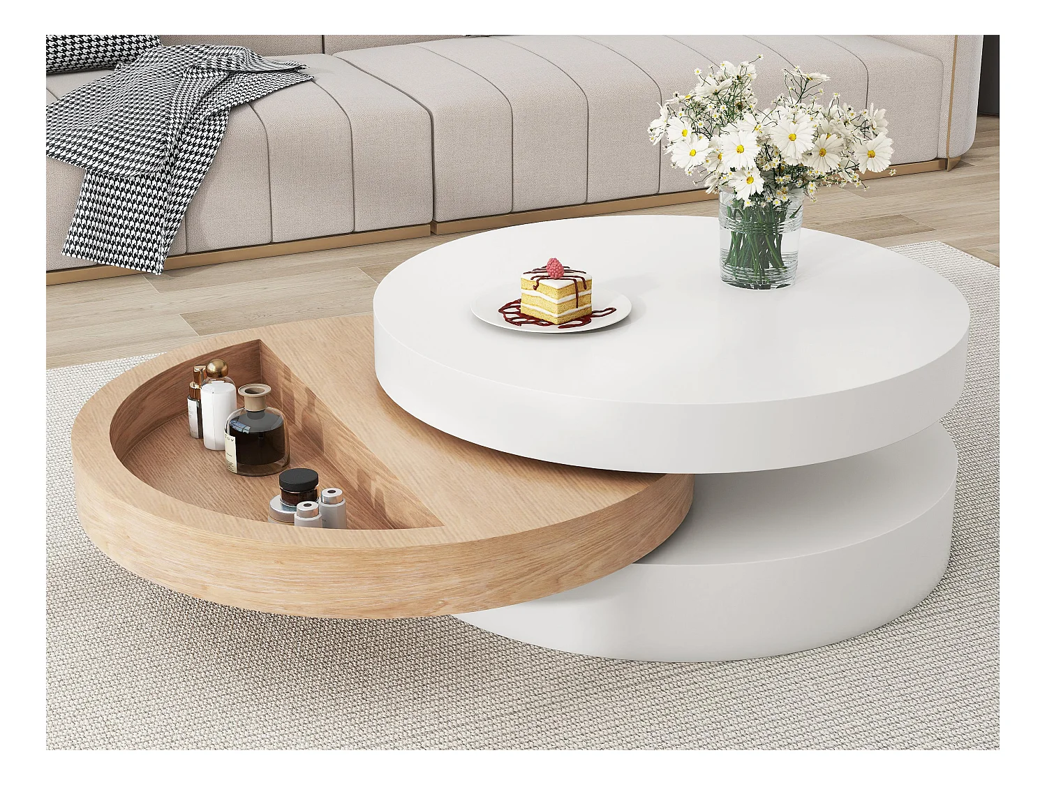 Cilindrische salontafel 60×60×35 cm - 360° draaibaar - drielagige structuur - wit + naturel