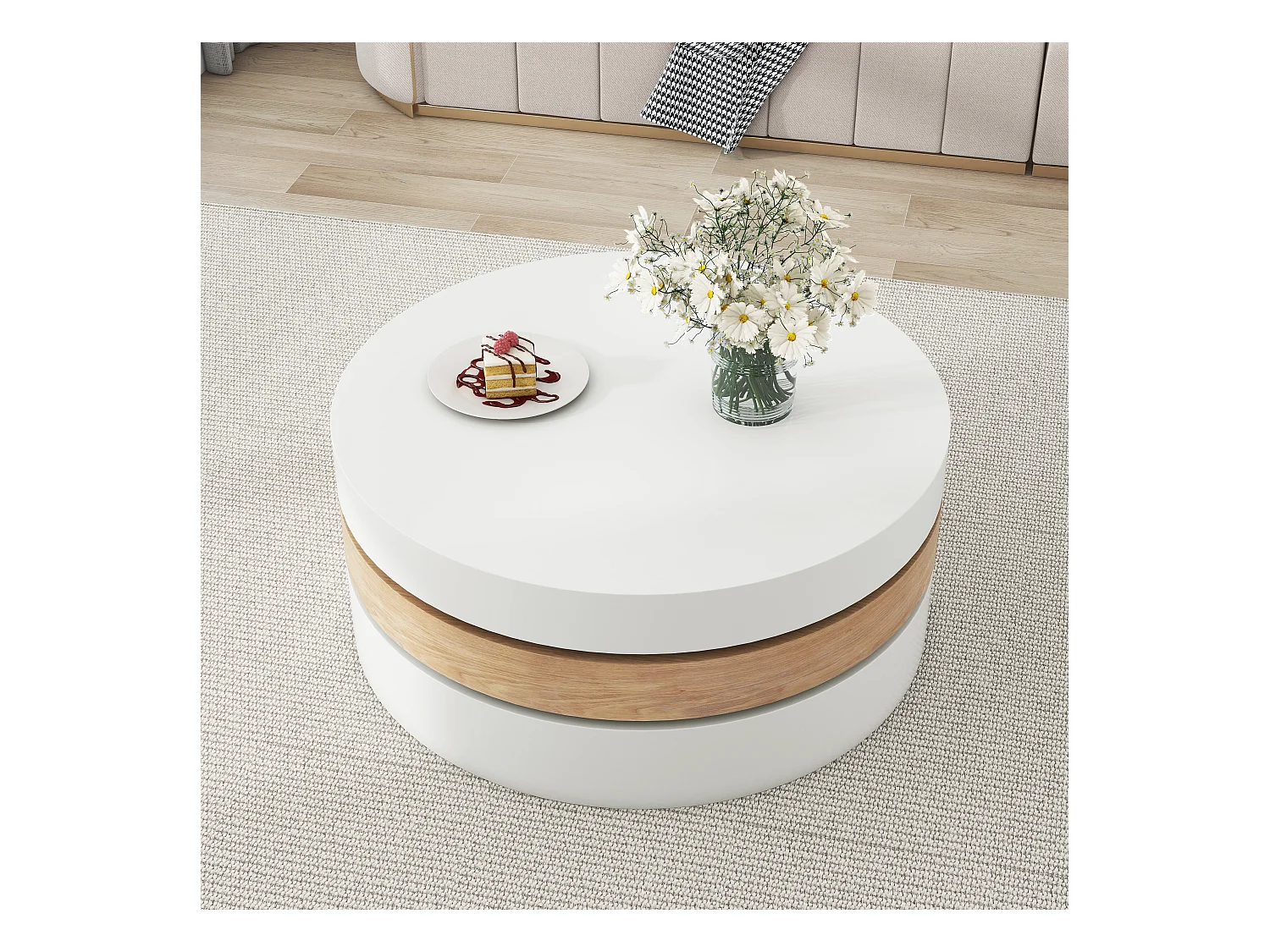 Cilindrische salontafel 60×60×35 cm - 360° draaibaar - drielagige structuur - wit + naturel