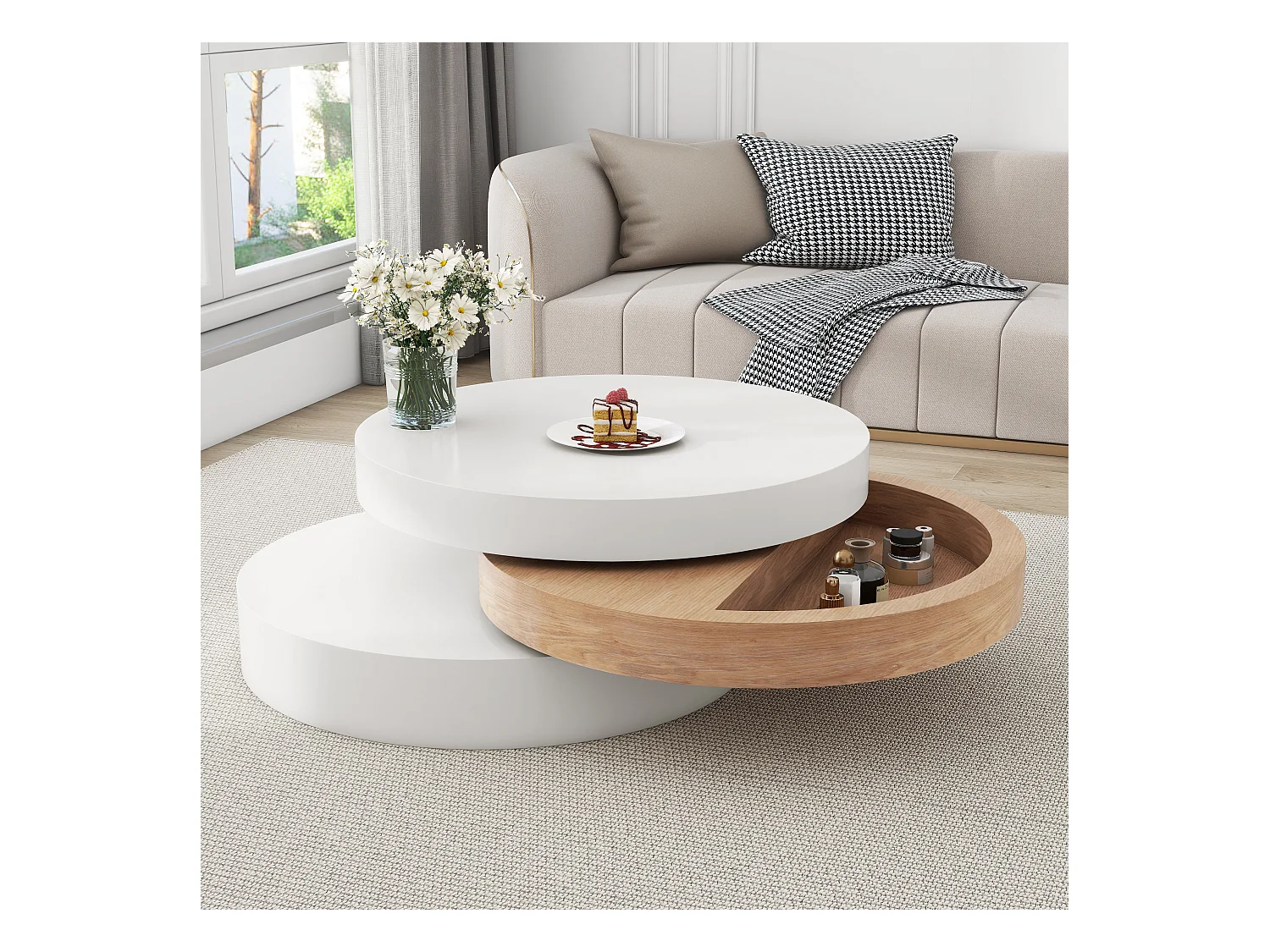 Cilindrische salontafel 60×60×35 cm - 360° draaibaar - drielagige structuur - wit + naturel