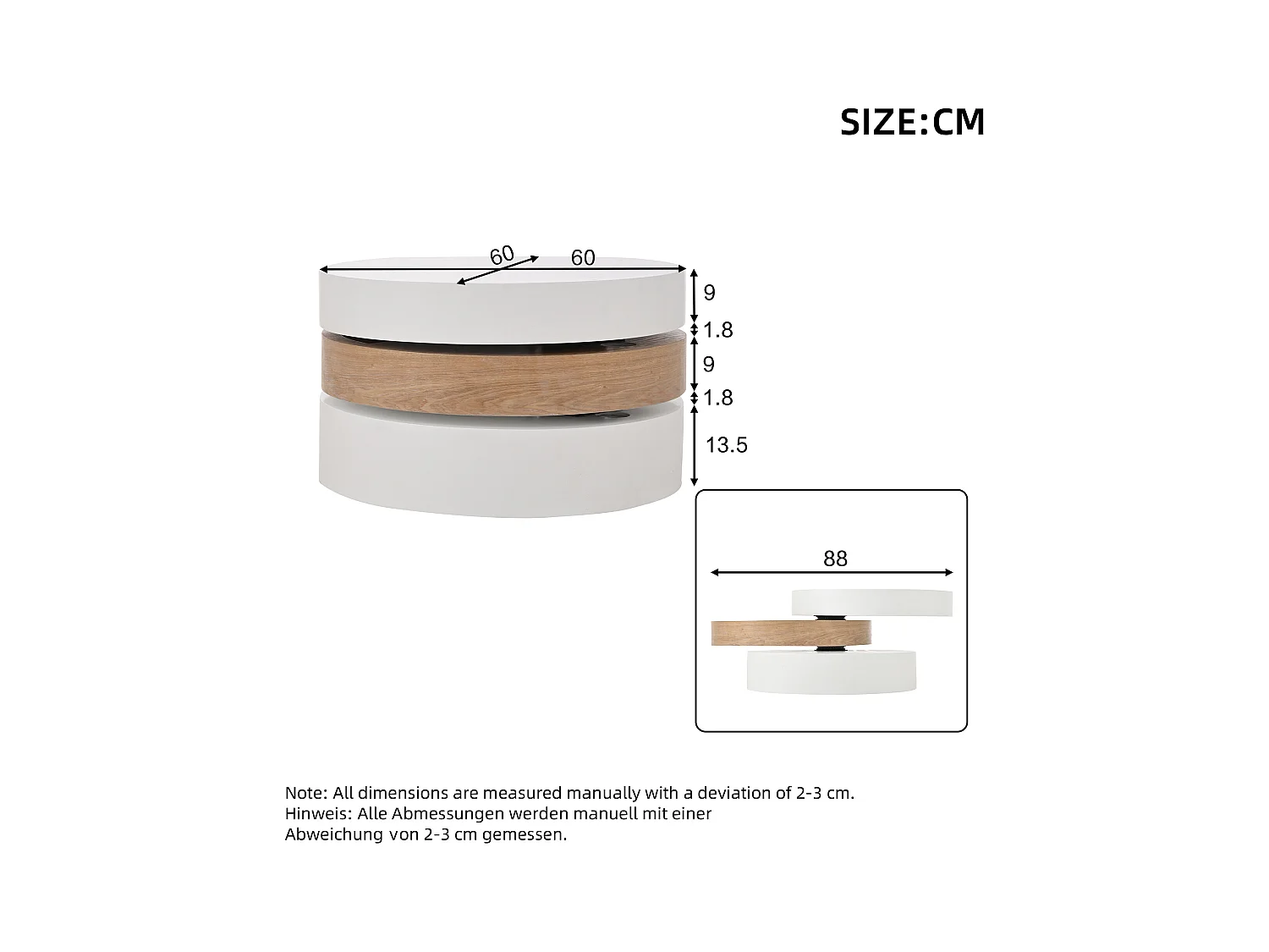 Cilindrische salontafel 60×60×35 cm - 360° draaibaar - drielagige structuur - wit + naturel