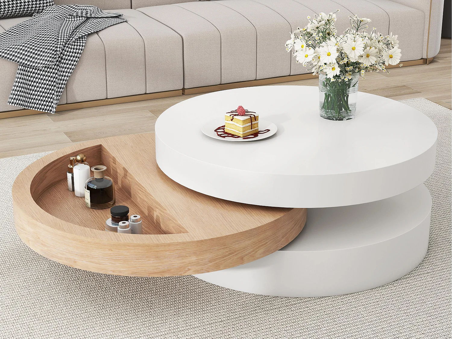 Zylindrischer Couchtisch 60×60×35 cm - 360° drehbar - Dreischicht-Konstruktion - weiß + natur