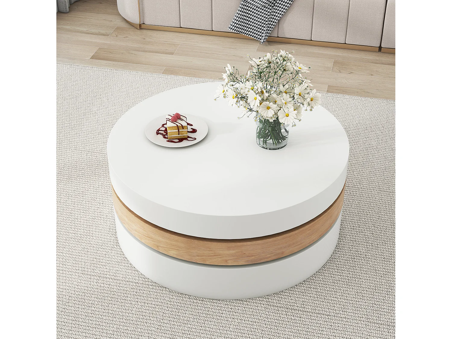 Zylindrischer Couchtisch 60×60×35 cm - 360° drehbar - Dreischicht-Konstruktion - weiß + natur