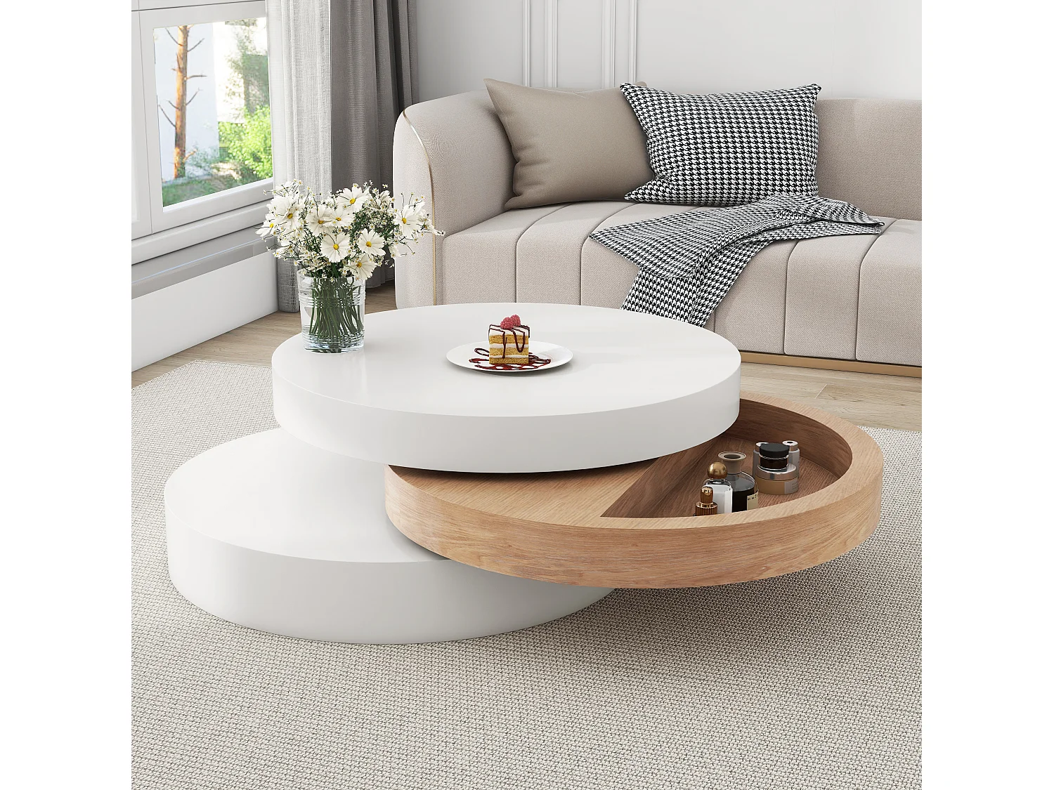 Zylindrischer Couchtisch 60×60×35 cm - 360° drehbar - Dreischicht-Konstruktion - weiß + natur