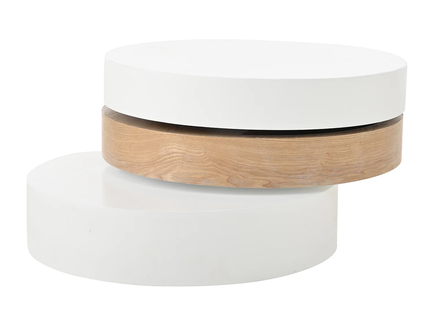 Zylindrischer Couchtisch 60×60×35 cm - 360° drehbar - Dreischicht-Konstruktion - weiß + natur