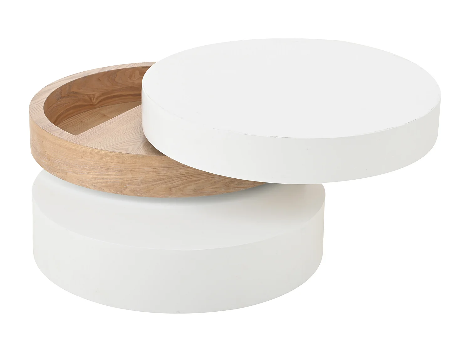 Zylindrischer Couchtisch 60×60×35 cm - 360° drehbar - Dreischicht-Konstruktion - weiß + natur