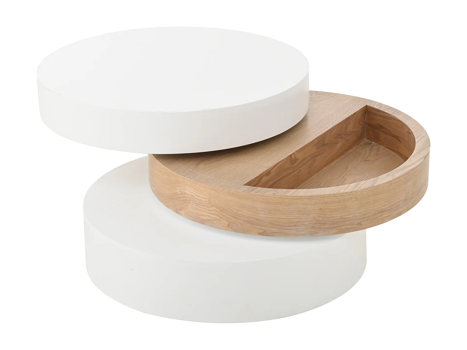 Zylindrischer Couchtisch 60×60×35 cm - 360° drehbar - Dreischicht-Konstruktion - weiß + natur