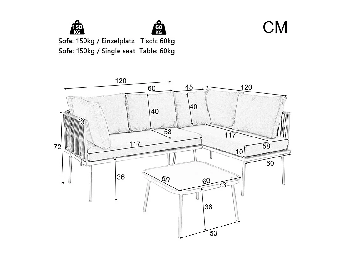 Conjunto de jardim em ferro para 8 pessoas - com 2 mesas de centro e 4 sofás de 2 lugares - capas laváveis - Cinza