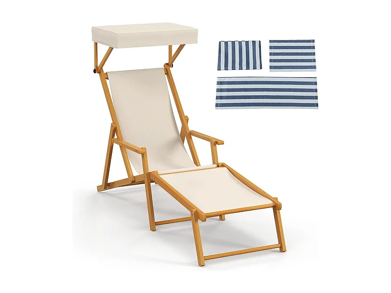 Chaise Longue en Bois de Bouleau Chaise Longue de Plage Pliable avec Canopée Réglable Dossier Incliné et Repose-pieds Beige