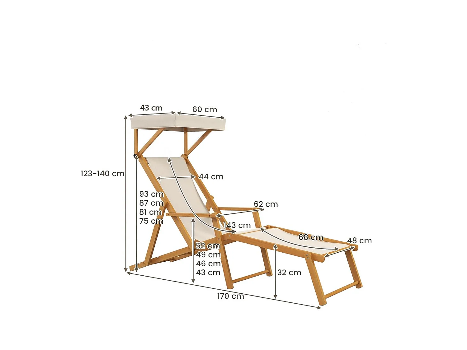 Klappbare Strandliege mit Neigbarem Baldachin &  Verstellbarer Rückenlehne & Fußstütze