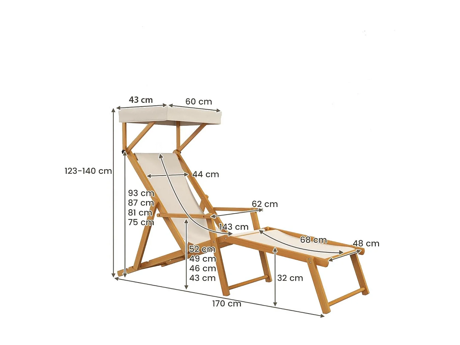 Klappbare Strandliege mit Neigbarem Baldachin &  Verstellbarer Rückenlehne & Fußstütze