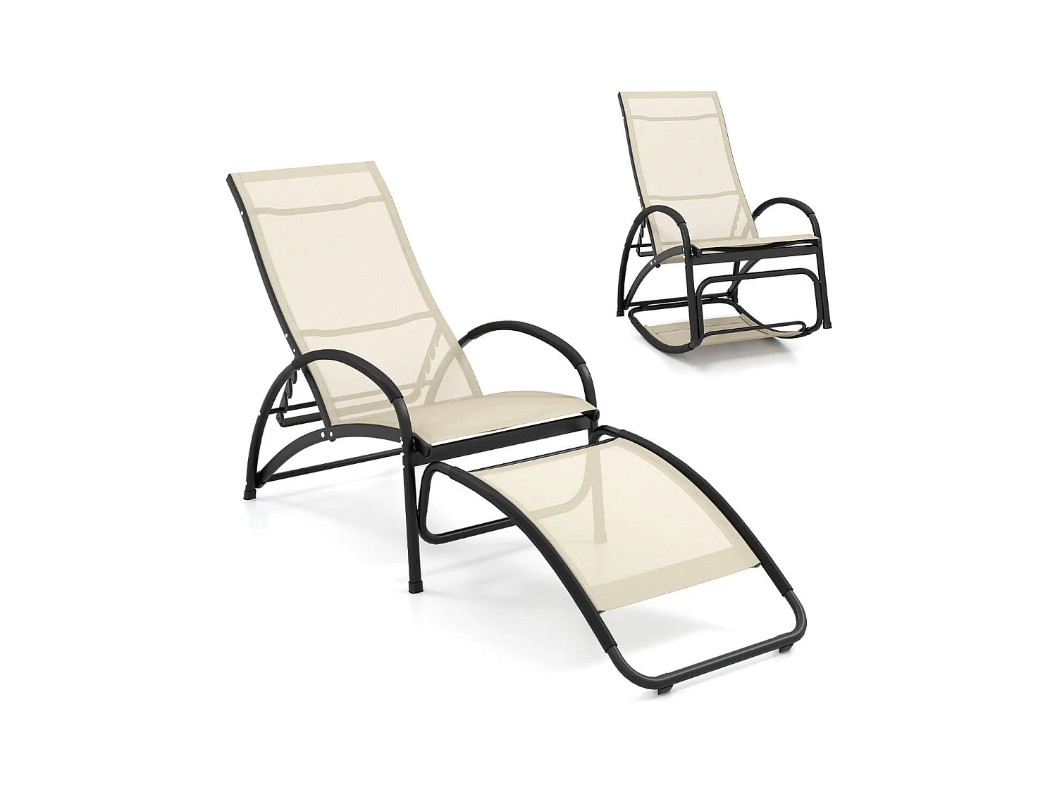 Chaise à Bascule d'Extérieur Chaise Longue Convertible Dossier Réglable à 4 Positions Accoudoirs Incurvés Cadre en Aluminium Beige