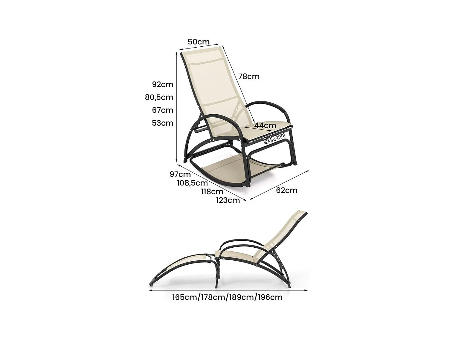 Chaise à Bascule d'Extérieur Chaise Longue Convertible Dossier Réglable à 4 Positions Accoudoirs Incurvés Cadre en Aluminium Beige