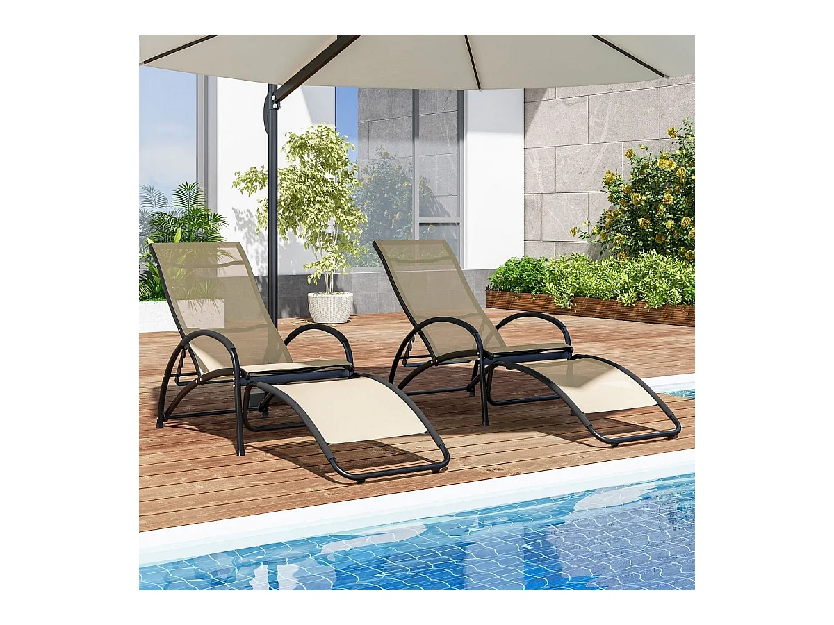 Chaise à Bascule d'Extérieur Chaise Longue Convertible Dossier Réglable à 4 Positions Accoudoirs Incurvés Cadre en Aluminium Beige