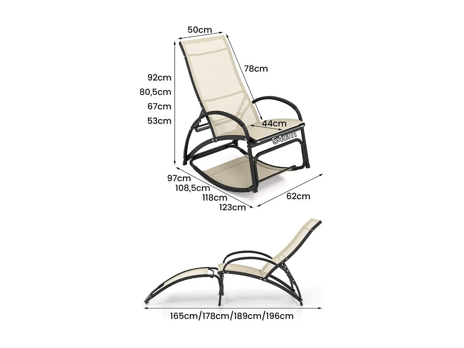 Sedia a dondolo per esterni con schienale regolabile a 4 posizioni telaio in alluminio, Poltrona convertibile Beige