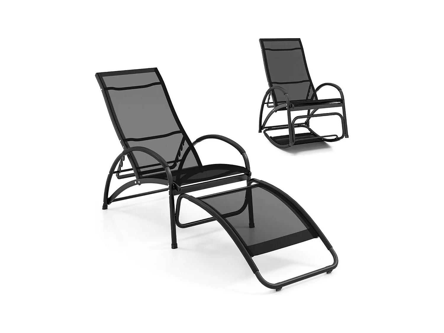 Chaise à Bascule d'Extérieur Chaise Longue Convertible Dossier Réglable à 4 Positions Accoudoirs Incurvés Cadre en Aluminium Noir