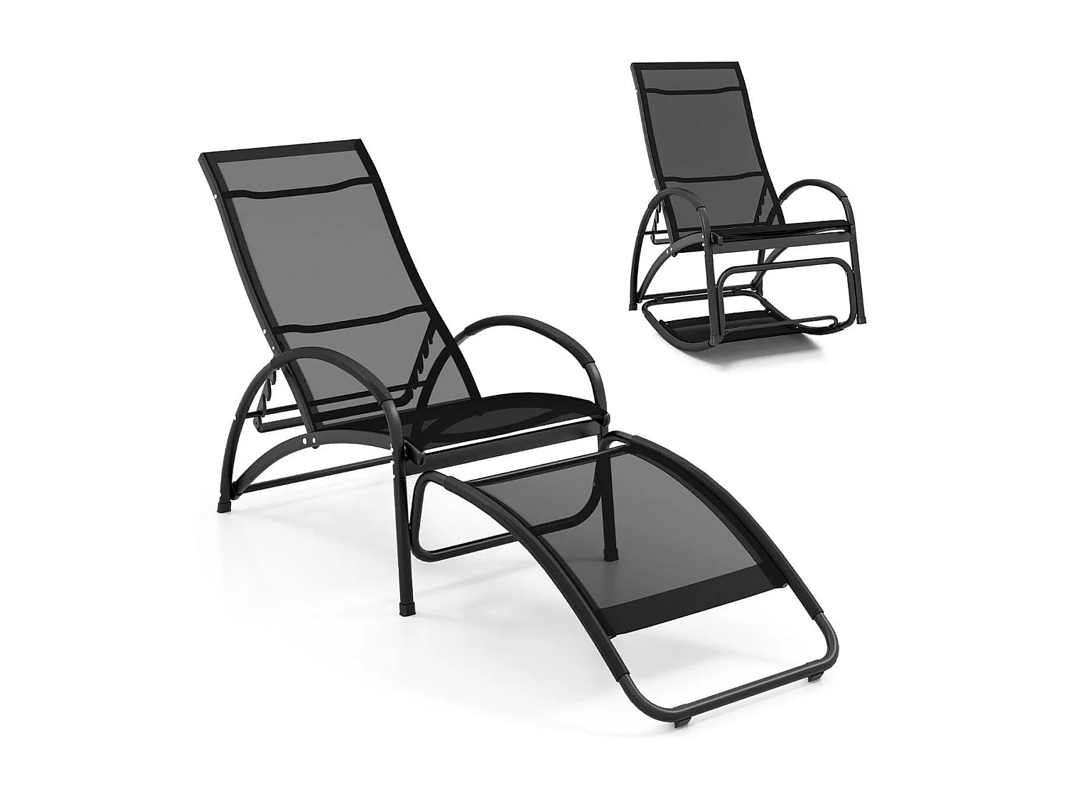 Chaise à Bascule d'Extérieur Chaise Longue Convertible Dossier Réglable à 4 Positions Accoudoirs Incurvés Cadre en Aluminium Noir