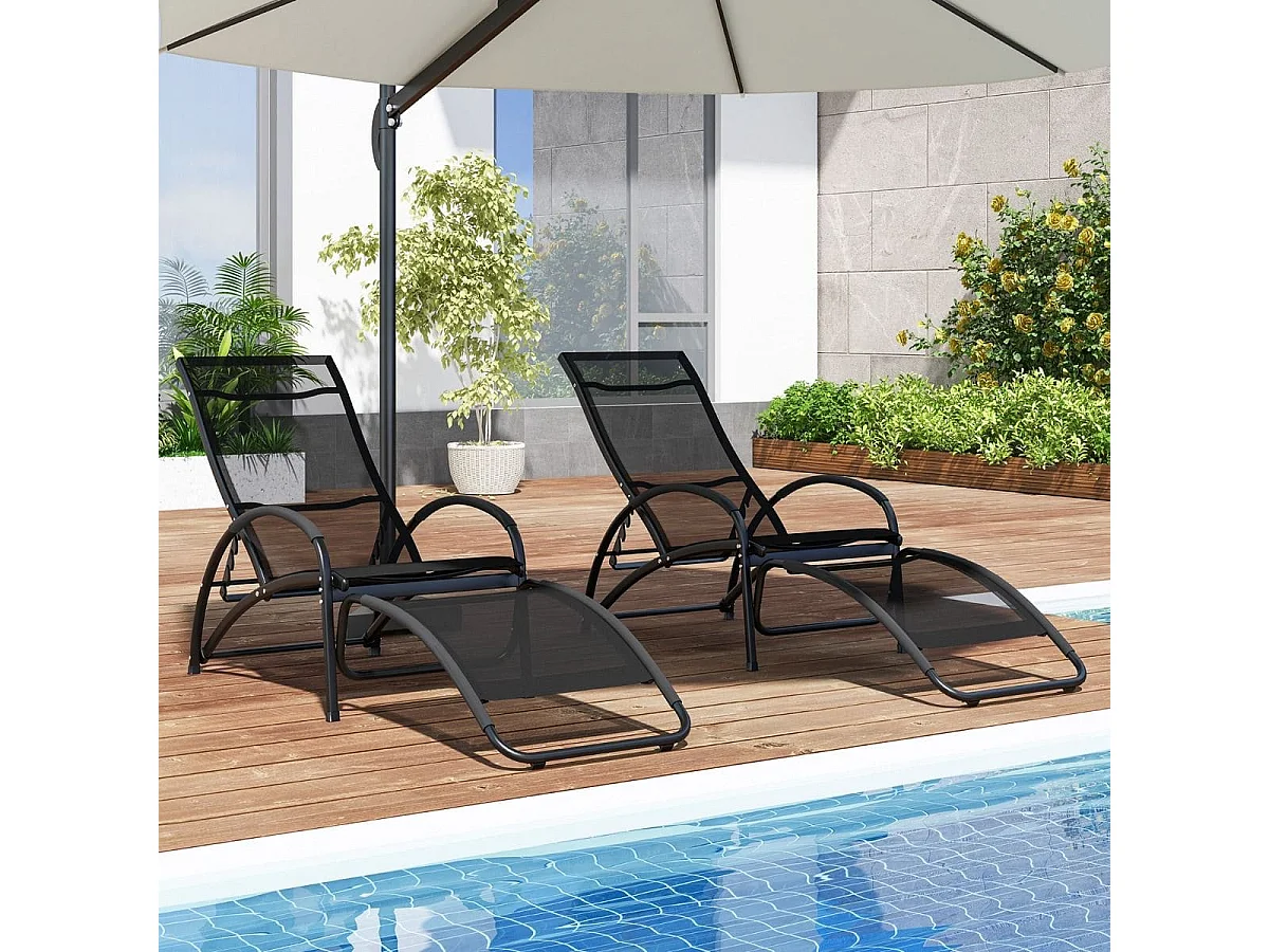 Chaise à Bascule d'Extérieur Chaise Longue Convertible Dossier Réglable à 4 Positions Accoudoirs Incurvés Cadre en Aluminium Noir