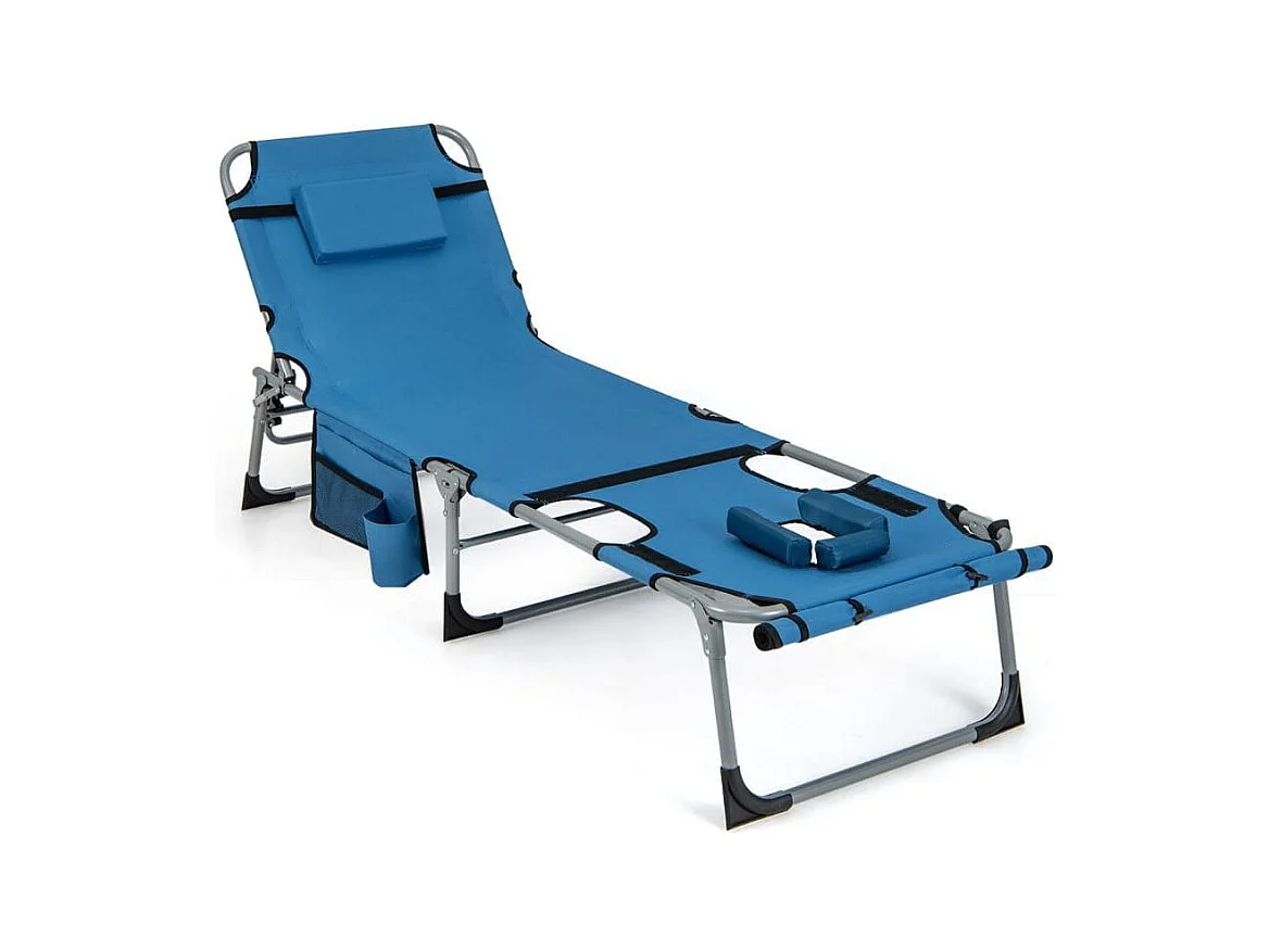 Chaise Longue Pliante à 5 Positions Repose-pieds Réglables Trou pour Le Visage Oreiller Amovible Poche de Rangement Chaise Pliable et Légère Bleu