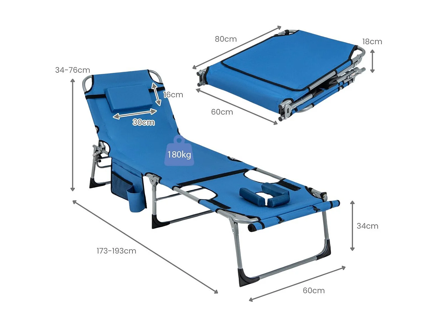 Sonnenliege mit Gesichtsöffnung Faltbare Gartenliege mit Verstellbarer Rückenlehne und Fußstütze Blau
