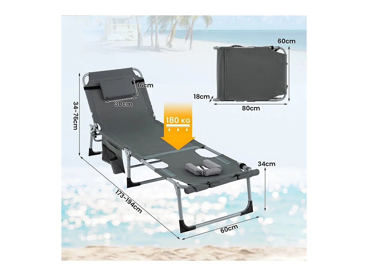 Chaise Longue Pliante à 5 Positions Repose-pieds Réglables Trou pour Le Visage Oreiller Amovible Poche de Rangement Chaise Pliable et Légère Gris
