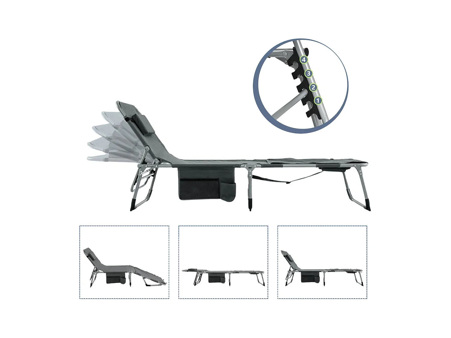 Chaise Longue Pliante à 5 Positions Repose-pieds Réglables Trou pour Le Visage Oreiller Amovible Poche de Rangement Chaise Pliable et Légère Gris