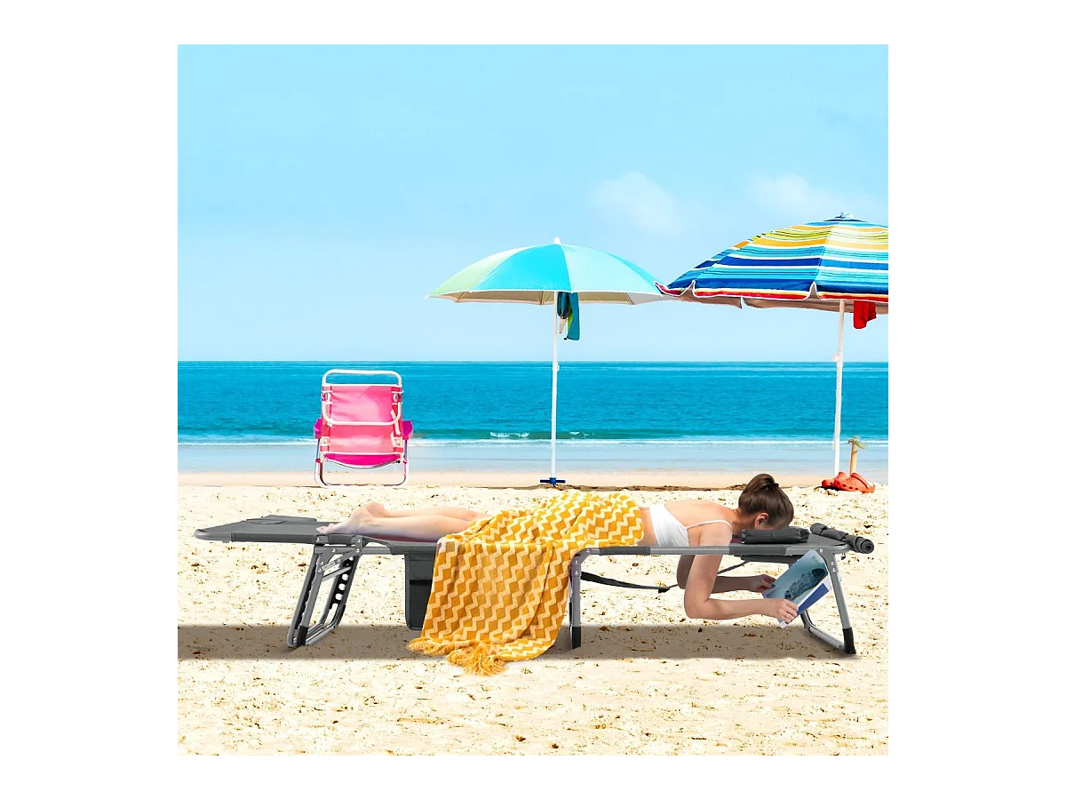 Chaise Longue Pliante à 5 Positions Repose-pieds Réglables Trou pour Le Visage Oreiller Amovible Poche de Rangement Chaise Pliable et Légère Gris