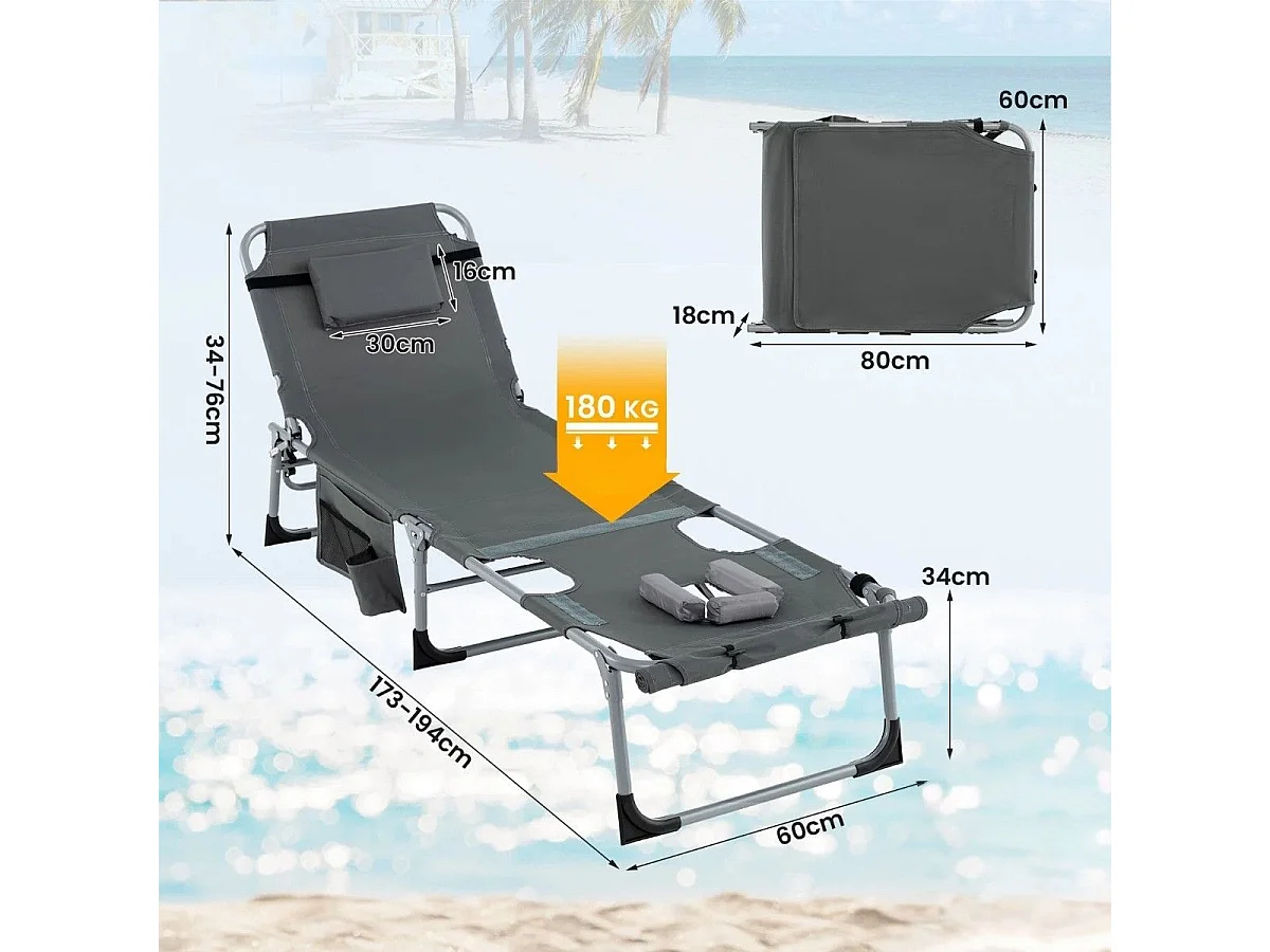 Chaise Longue Pliante à 5 Positions Repose-pieds Réglables Trou pour Le Visage Oreiller Amovible Poche de Rangement Chaise Pliable et Légère Gris