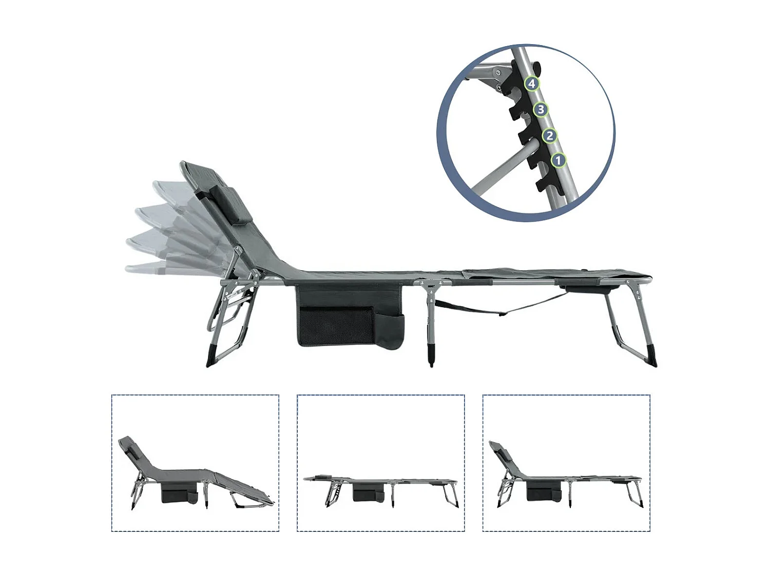 Chaise Longue Pliante à 5 Positions Repose-pieds Réglables Trou pour Le Visage Oreiller Amovible Poche de Rangement Chaise Pliable et Légère Gris