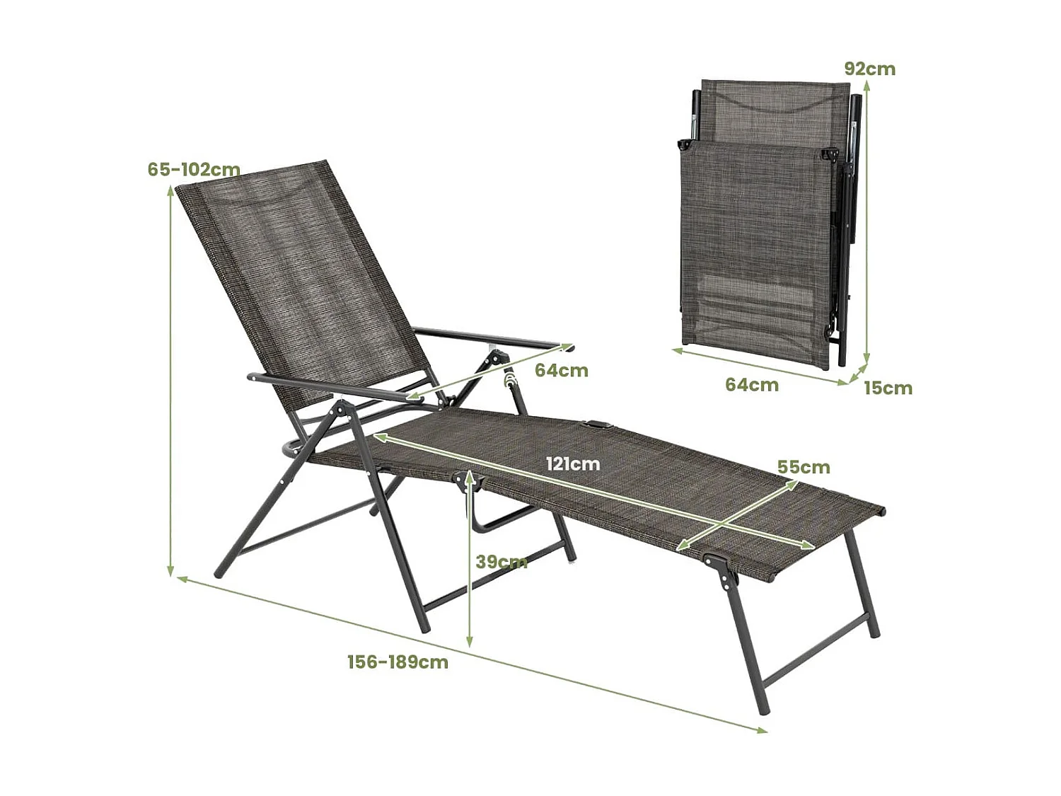 Sedie a sdraio pieghevoli per giardino, Set di 2 sedie reclinabili da esterno con schienale a 6 livelli Marrone