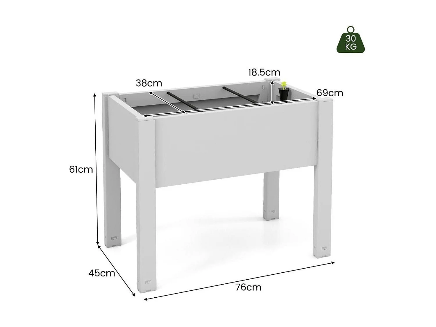 Lit de Jardin Surélevé Jardinière à Arrosage Automatique Indicateur de Niveau d'Eau Trou de Drainage Séparateurs Amovibles Blanc