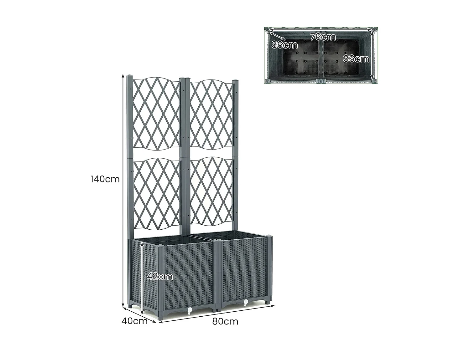 Blumenkasten mit Rankgitter Pflanzkasten für Kletterpflanzen 80 x 40 x 140 cm Grau
