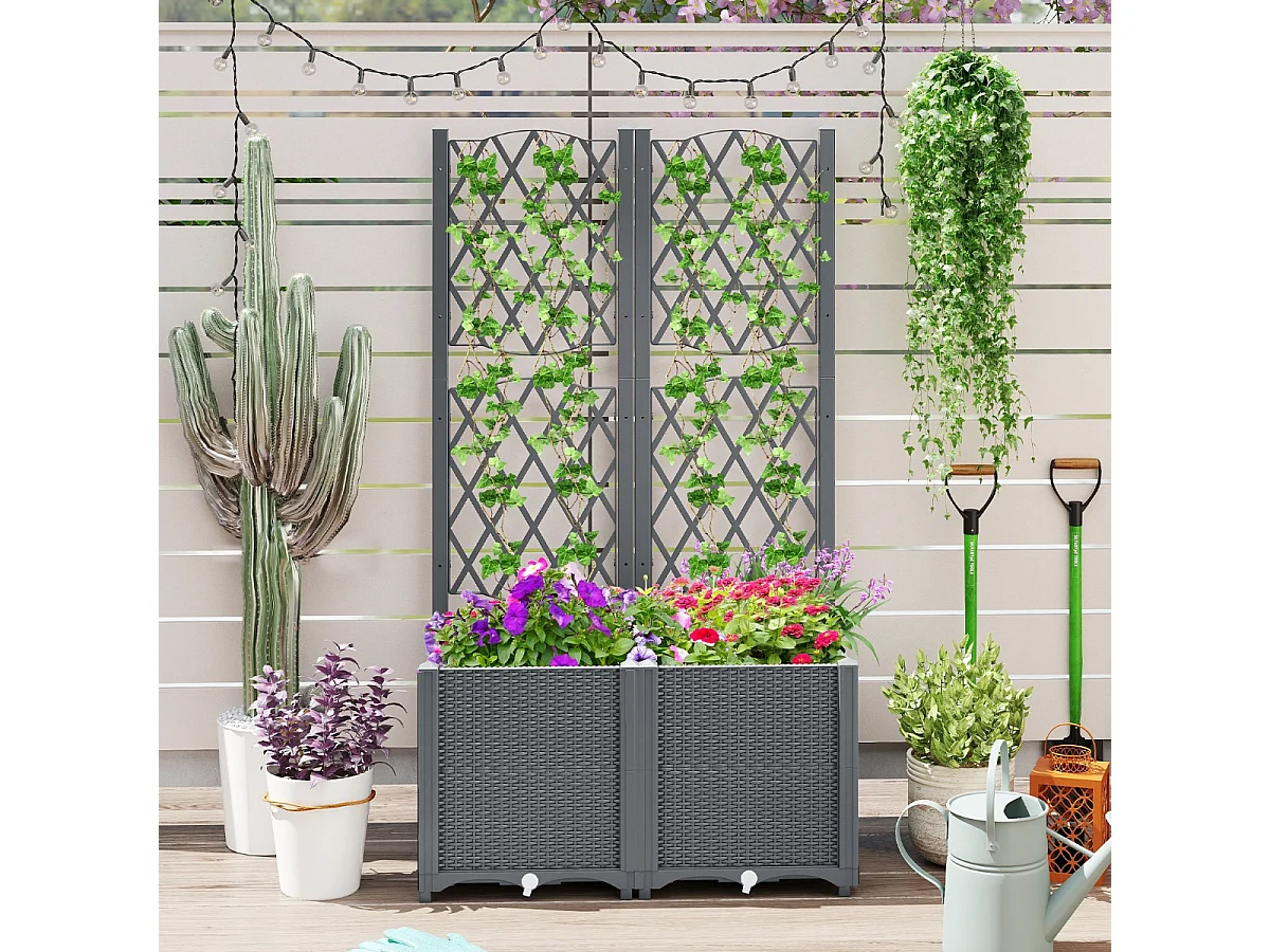 Blumenkasten mit Rankgitter Pflanzkasten für Kletterpflanzen 80 x 40 x 140 cm Grau