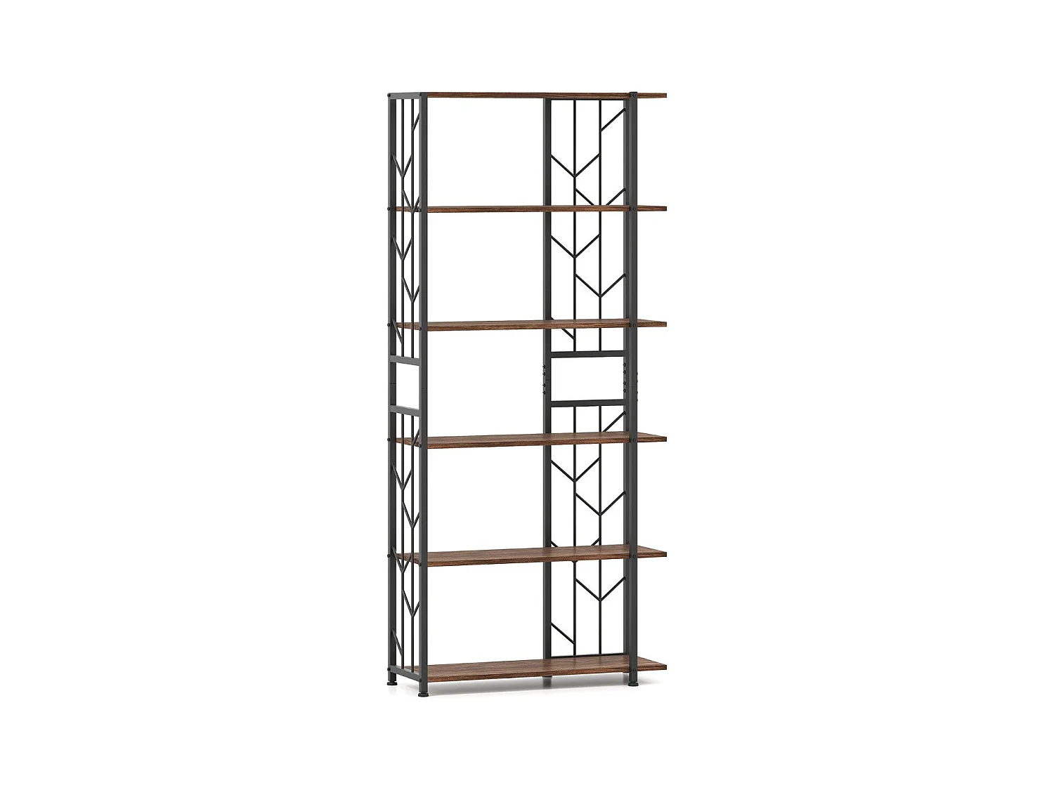 Libreria geometrica moderna con telaio in metallo da letto, Libreria a 6 ripiani con 2 kit antiribaltamento per soggiorno Marrone