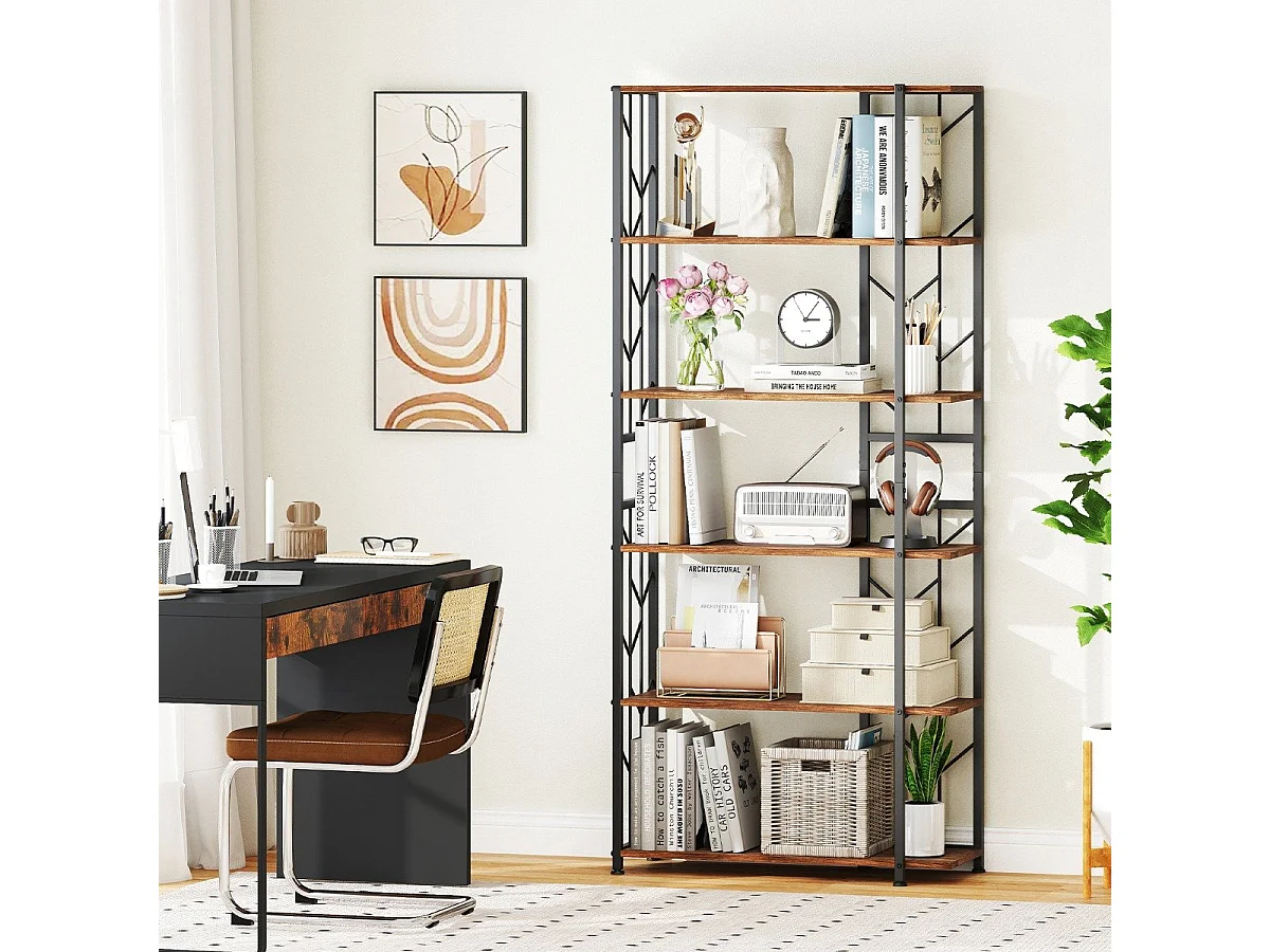 6 Stöckiges Standregal mit Metallrahmen Geometrisches Bücherregal Displayregal 80 x 31 x 180 cm Braun