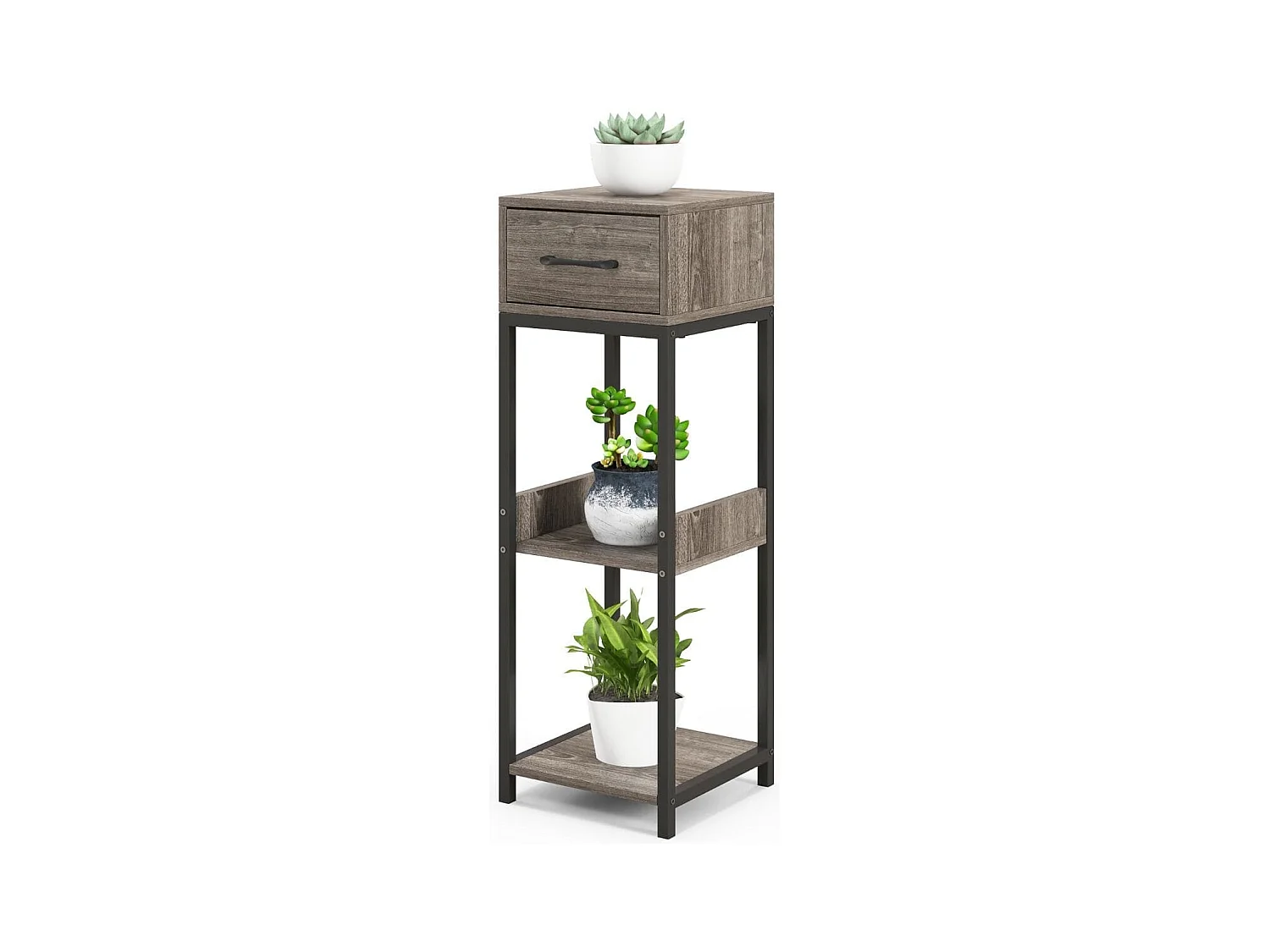 Supports de Plantes en Métal à 3 Niveaux Porte-Plantes Carré avec 1 Tiroir Kits Anti-basculement Organisateur d'Angle de Pots Gris+Noir
