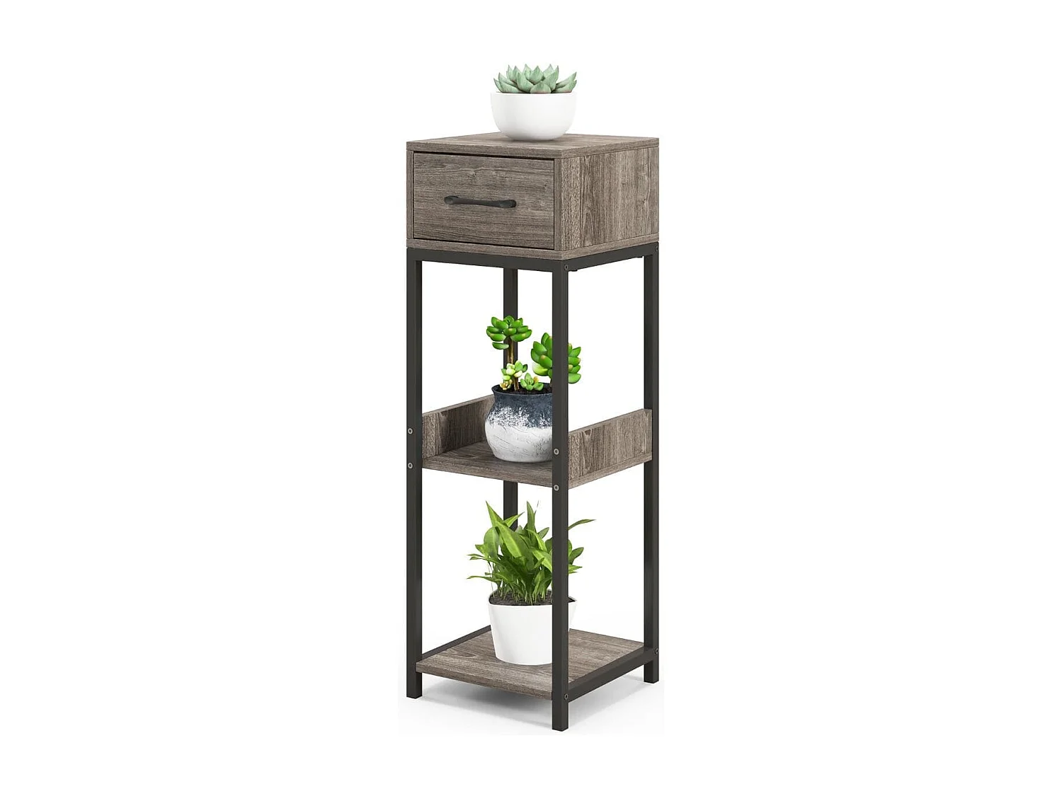 3 Etagen Metall-Pflanzenständer Blumenständer mit Schublade Holz 30,5 x 30,5 x 92 cm (1 Pack)