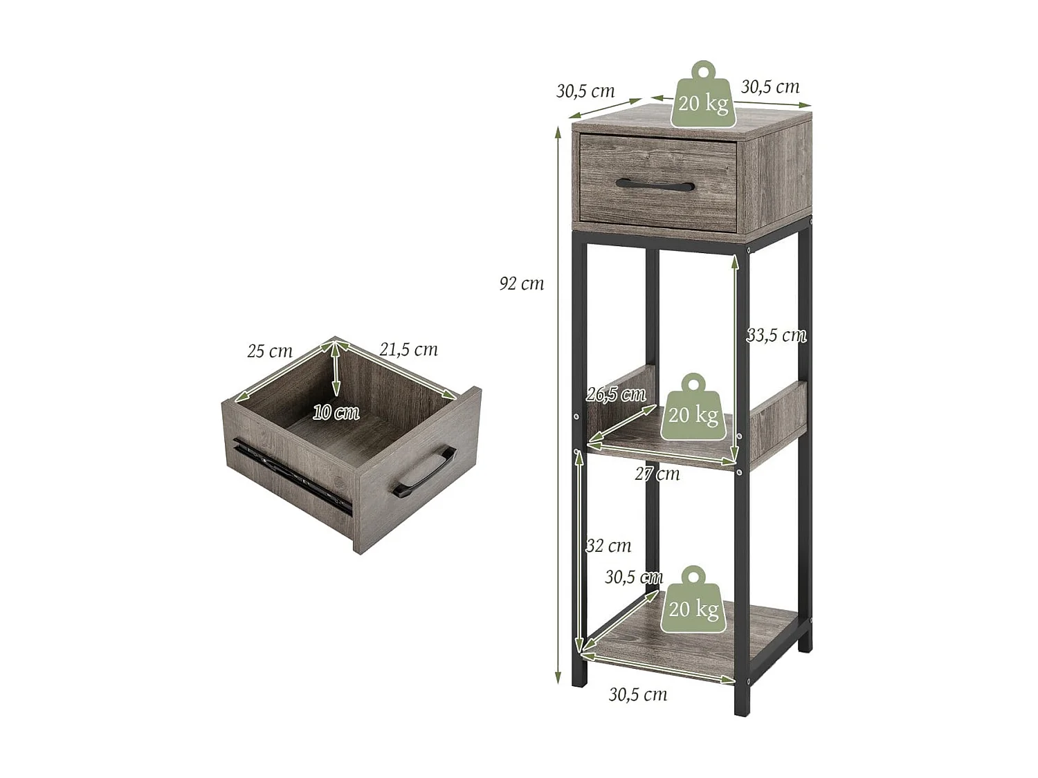 3 Etagen Metall-Pflanzenständer Blumenständer mit Schublade Holz 30,5 x 30,5 x 92 cm (1 Pack)