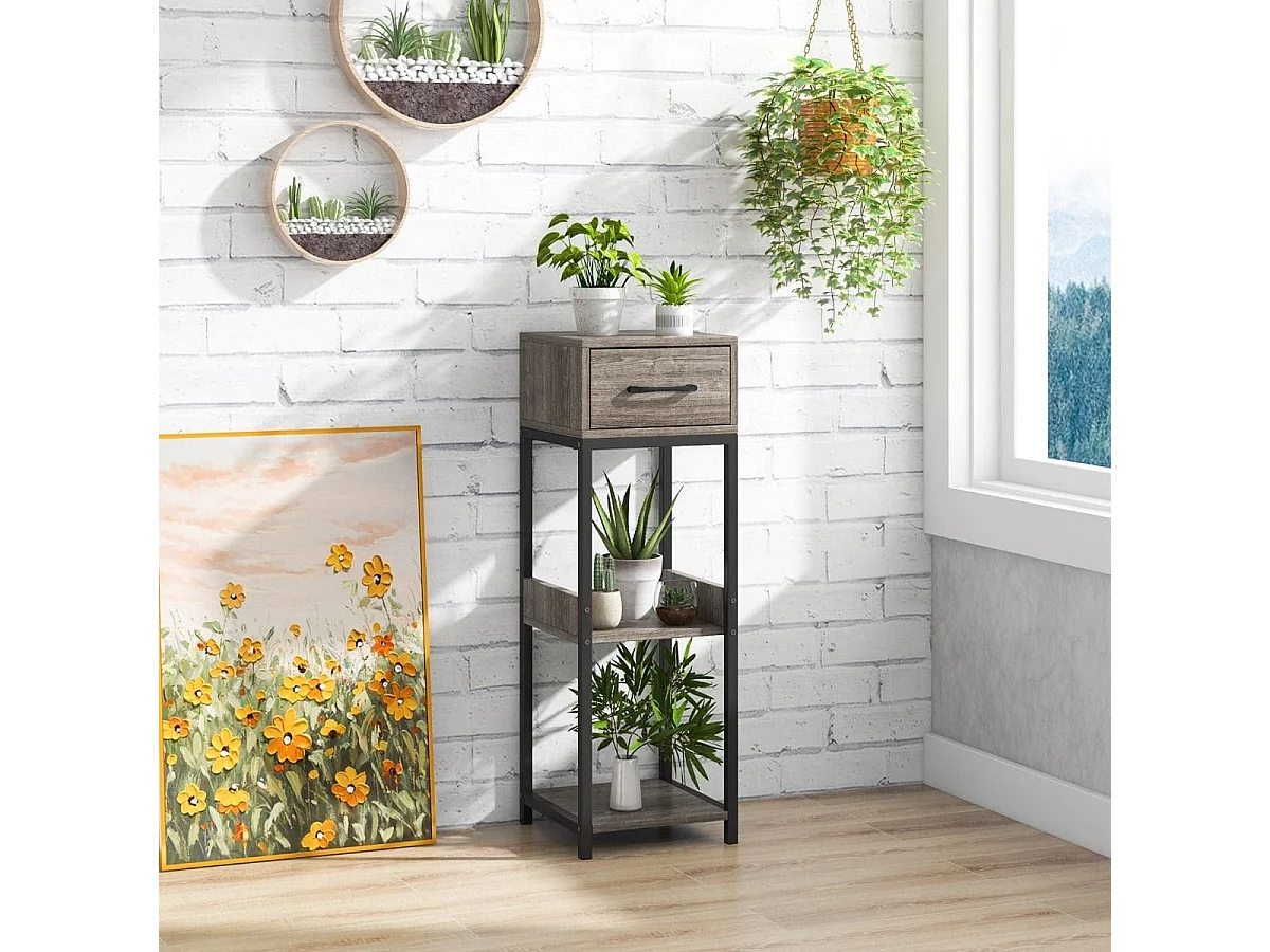 3 Etagen Metall-Pflanzenständer Blumenständer mit Schublade Holz 30,5 x 30,5 x 92 cm (1 Pack)