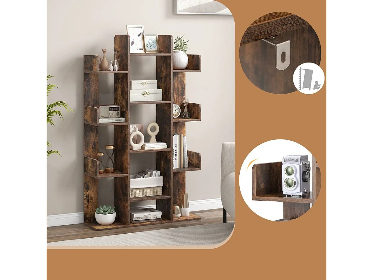 Baumförmiges Bücherregal mit 13 Offenen Fächern Ablageregal Holzregal 86 x 24,5 x 141 cm Braun