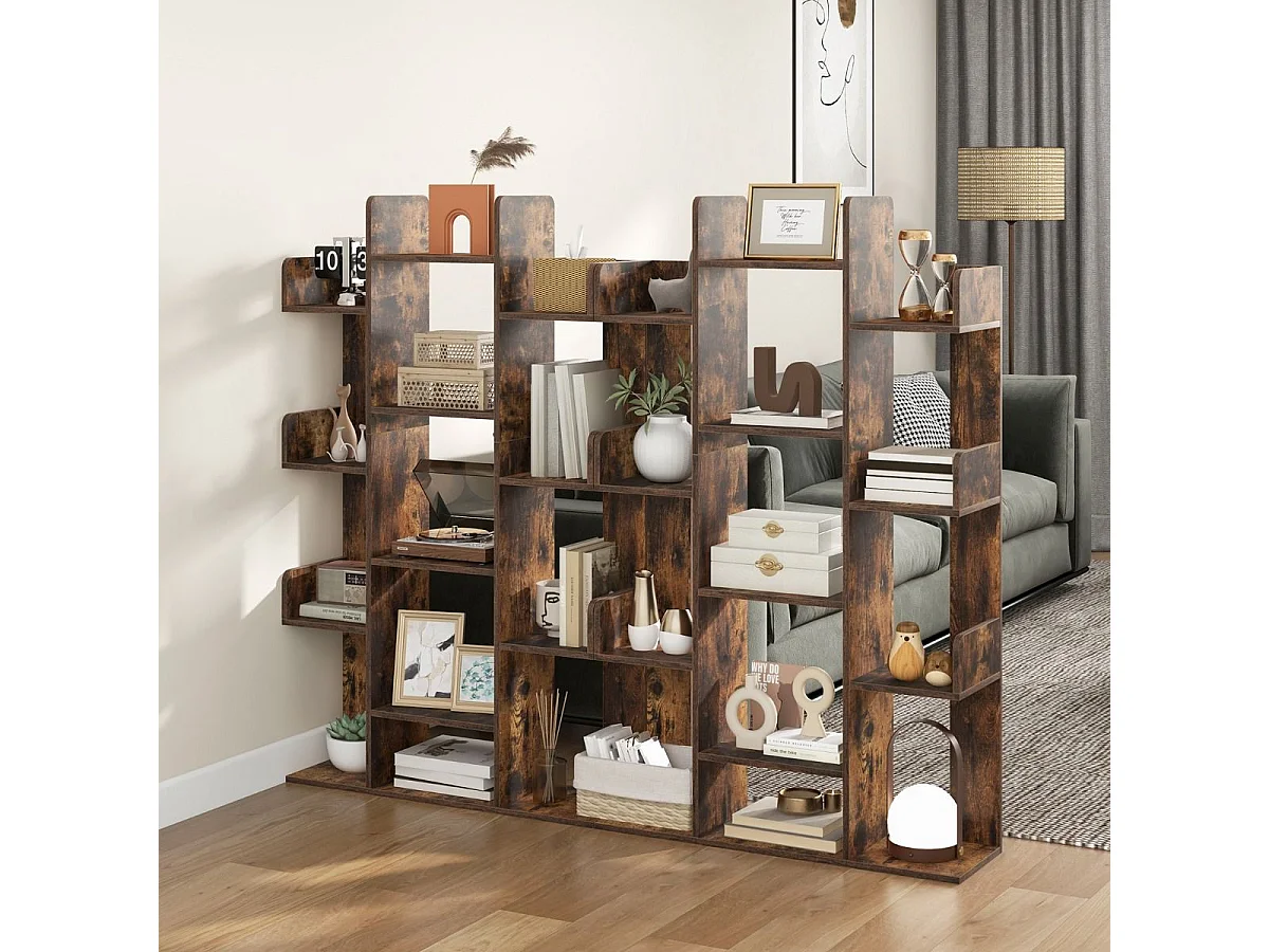 Baumförmiges Bücherregal mit 13 Offenen Fächern Ablageregal Holzregal 86 x 24,5 x 141 cm Braun
