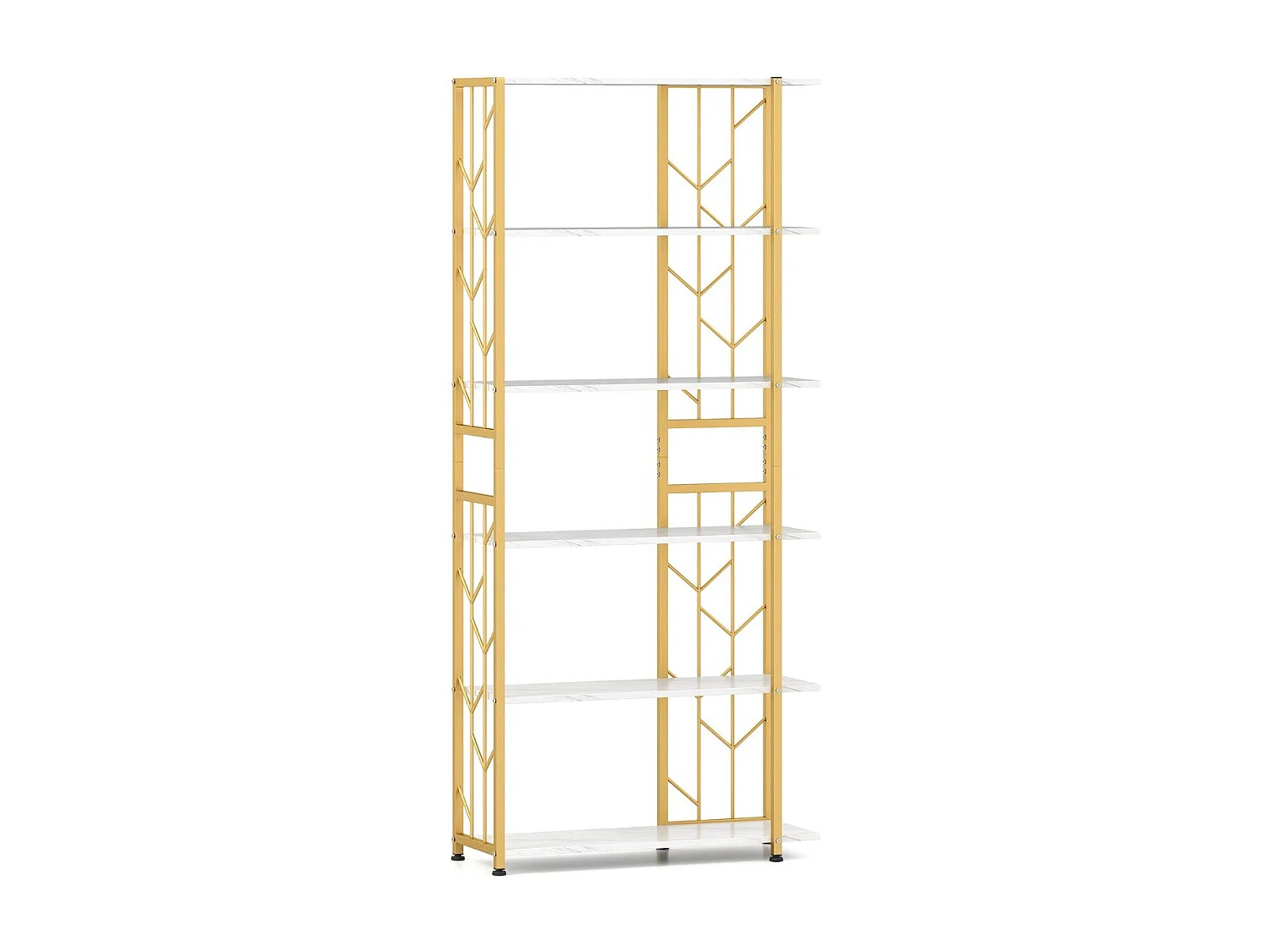 Libreria geometrica moderna con telaio in metallo da letto, Libreria a 6 ripiani con 2 kit antiribaltamento per soggiorno Bianco